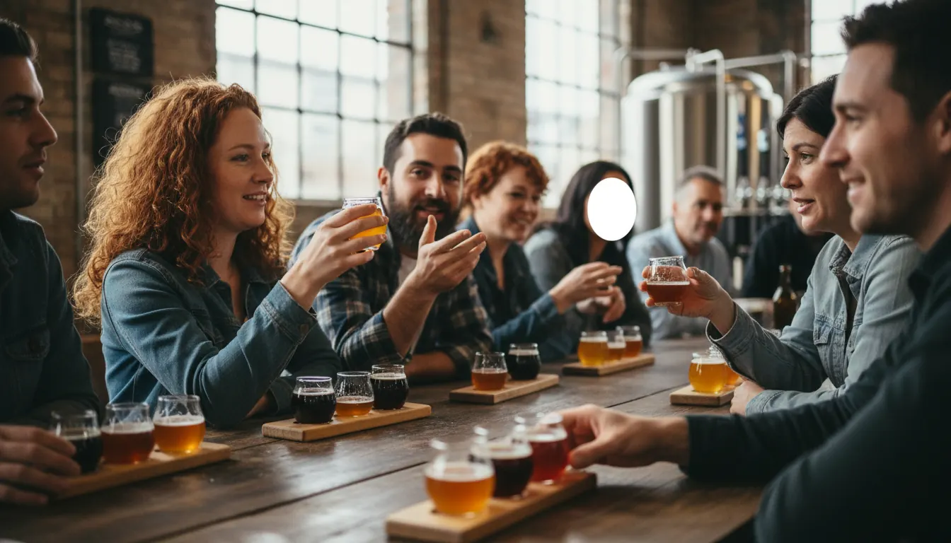 People attending craft beer tasting event with multiple beer samples