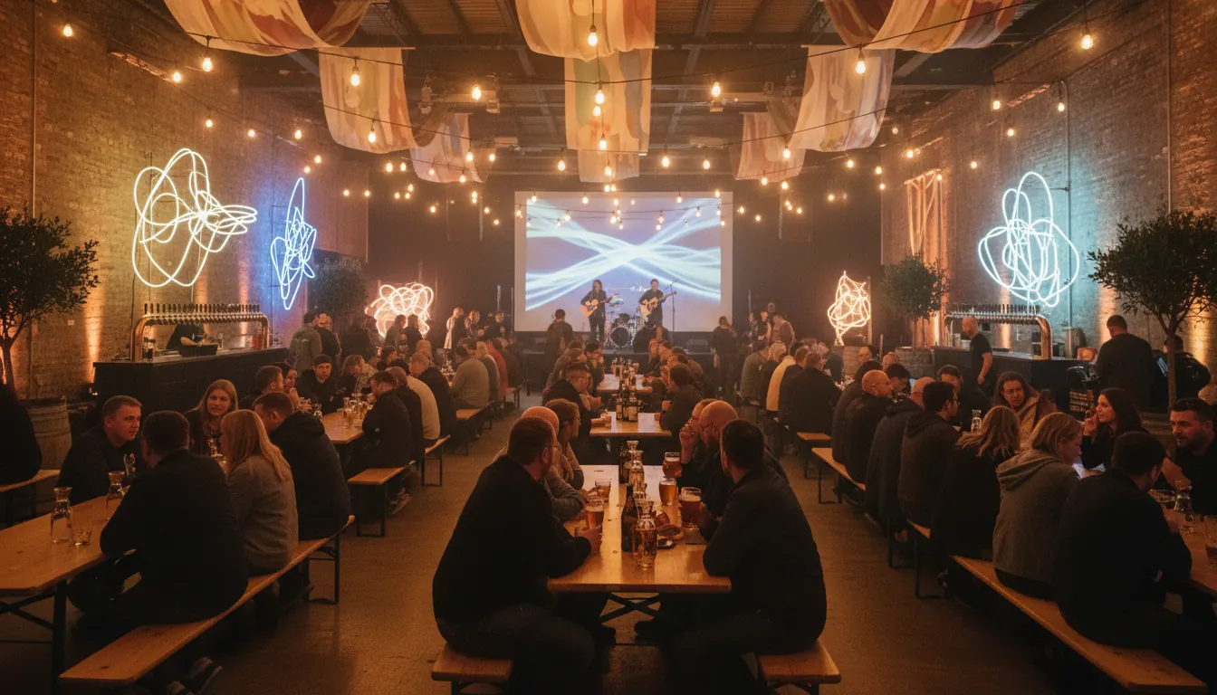 Casino event space transformed for charity beer festival with ambient lighting