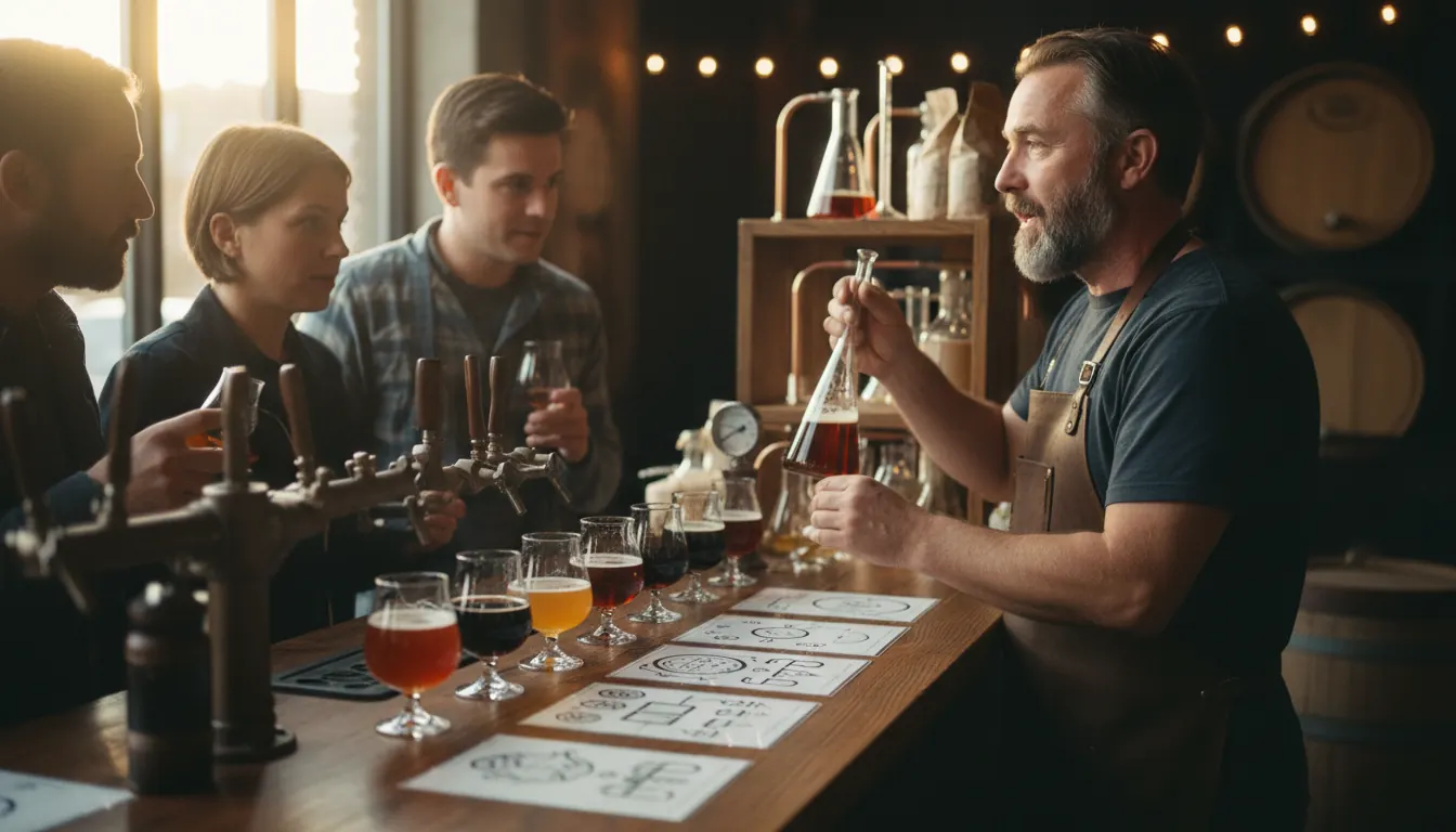 Interactive beer tasting station with educational materials and brewer engagement