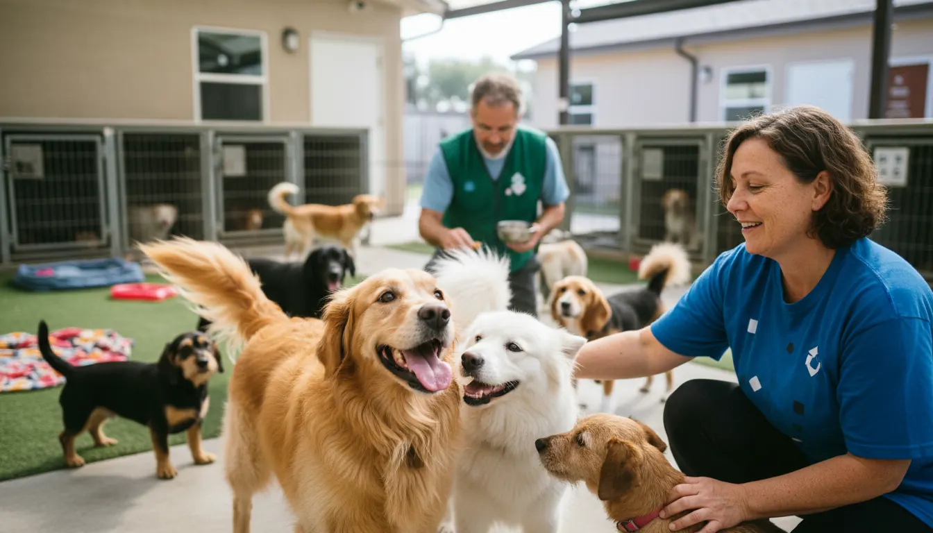 Happy rescue dogs at animal shelter waiting for adoption